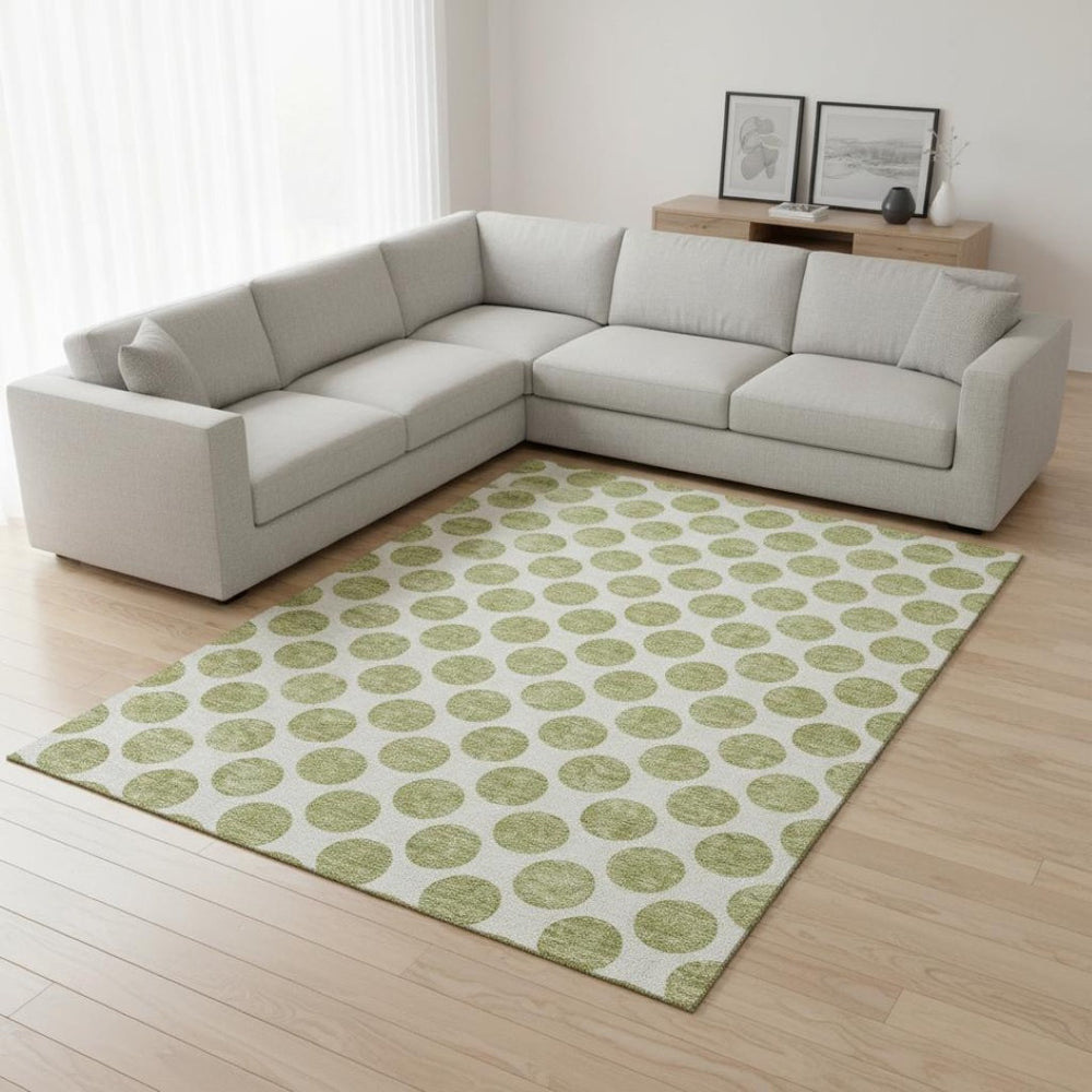HomeRoots 9' X 12' Artichoke Green Polka Dot Area Rug – Washable, UV Protected, Perfect for High-Traffic Homes! 677362