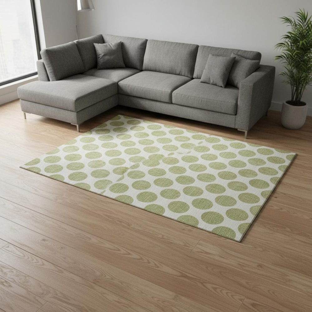 HomeRoots 10' Artichoke Green & Ivory Polka Dot Washable Area Rug with UV Protection for Indoor/Outdoor Use 677363