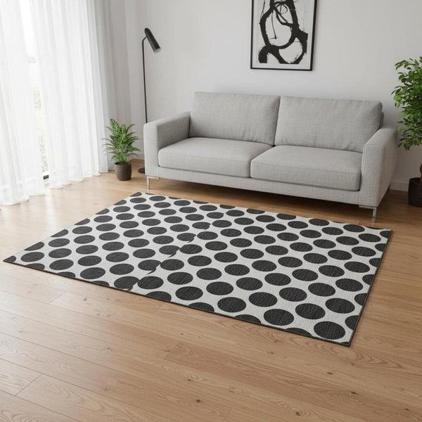 HomeRoots 5' X 8' Black & Ivory Polka Dot Washable Area Rug - Durable, Stain-Resistant & UV Protected Design! 677365