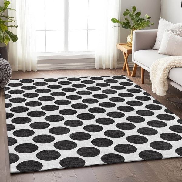 HomeRoots 5' X 8' Black & Ivory Polka Dot Washable Area Rug - Durable, Stain-Resistant & UV Protected Design! 677365