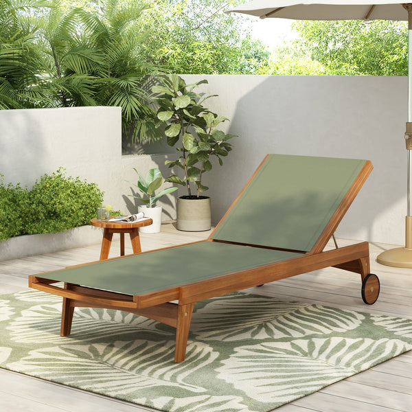 English Elm Christopher Knight Home® - OUTDOOR Chaise Lounge with Acacia Wood Frame and Breathable Mesh Seating for Durable Outdoor Comfort Green,Natural 63.5 L x 31.25 W x 6 H N776P286344G