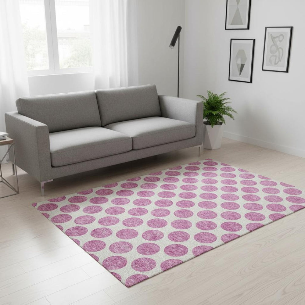 HomeRoots 5' X 8' Blush and Ivory Polka Dot Washable Area Rug - Soft, Stylish, UV-Protected for Family Spaces 677371