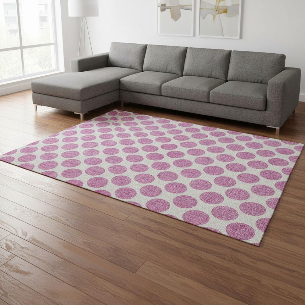 HomeRoots 8' X 10' Blush & Ivory Polka Dot Washable Area Rug - Durable, Soft, UV-Protected for Family Spaces 677373