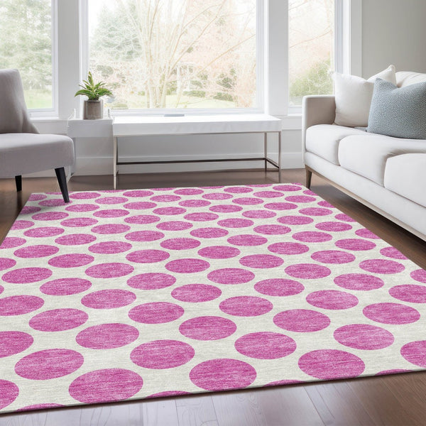 HomeRoots 9' X 12' Blush and Ivory Polka Dot Area Rug – Washable, UV Protected, Stylish & Durable for Any Room 677374
