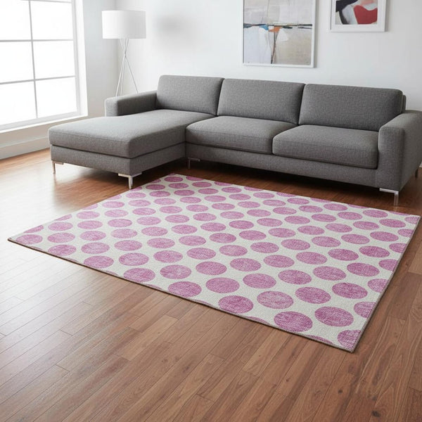 HomeRoots 10' X 14' Blush and Ivory Polka Dot Area Rug - Washable, UV Protected, Perfect for Busy Homes! 677375