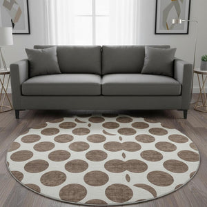 HomeRoots 8' Brown and Ivory Polka Dot Washable Round Rug - Stylish, Durable, UV-Protected for Everyday Living 677378