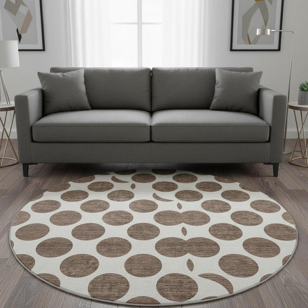 HomeRoots 8' Brown and Ivory Polka Dot Washable Round Rug - Stylish, Durable, UV-Protected for Everyday Living 677378