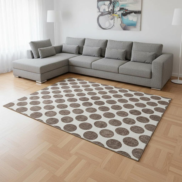 HomeRoots 8' X 10' Brown and Ivory Polka Dot Washable Area Rug - Stylish, UV-Protected, Stain-Resistant Comfort! 677379