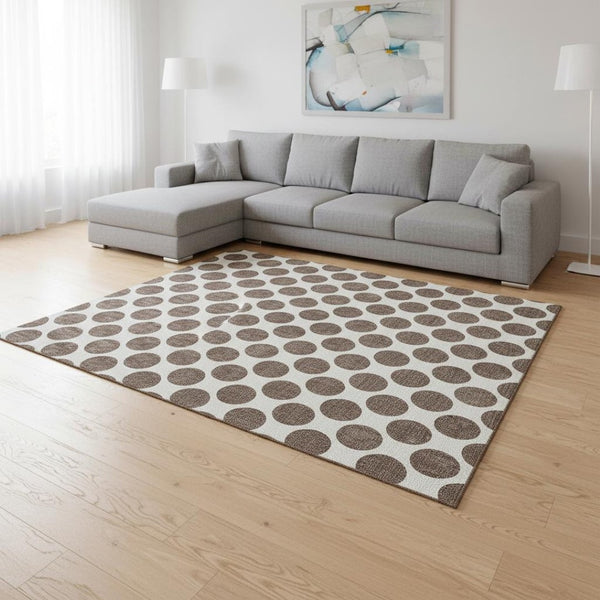 HomeRoots 9' X 12' Brown And Ivory Polka Dot Washable Area Rug - Durable, Stylish, and UV-Protected for Homes 677380