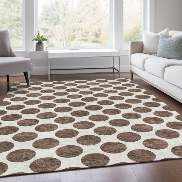 HomeRoots 9' X 12' Brown And Ivory Polka Dot Washable Area Rug - Durable, Stylish, and UV-Protected for Homes 677380