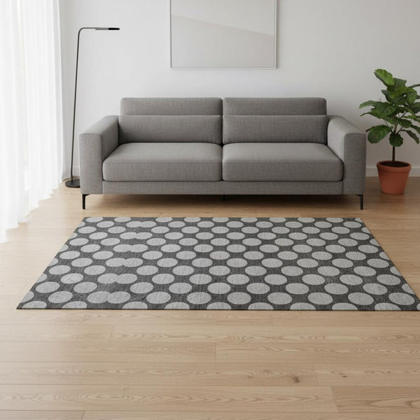 HomeRoots 5' Charcoal and Gray Polka Dot Washable Area Rug - Durable, UV Protected, Ideal for Homes with Kids & Pets 677383