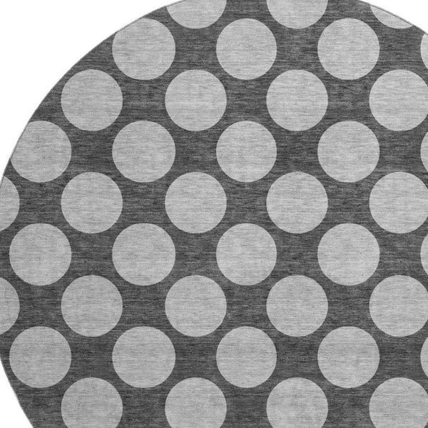 HomeRoots 8' Charcoal and Gray Polka Dot Washable Round Rug - Stylish, Durable, UV Protected for Any Space! 677384