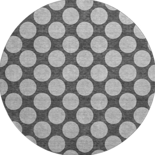 HomeRoots 8' Charcoal and Gray Polka Dot Washable Round Rug - Stylish, Durable, UV Protected for Any Space! 677384