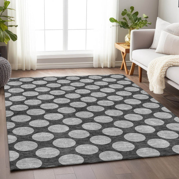 HomeRoots 10' Charcoal & Gray Polka Dot Washable Area Rug - UV Resistant, Durable & Soft for Active Homes 677387