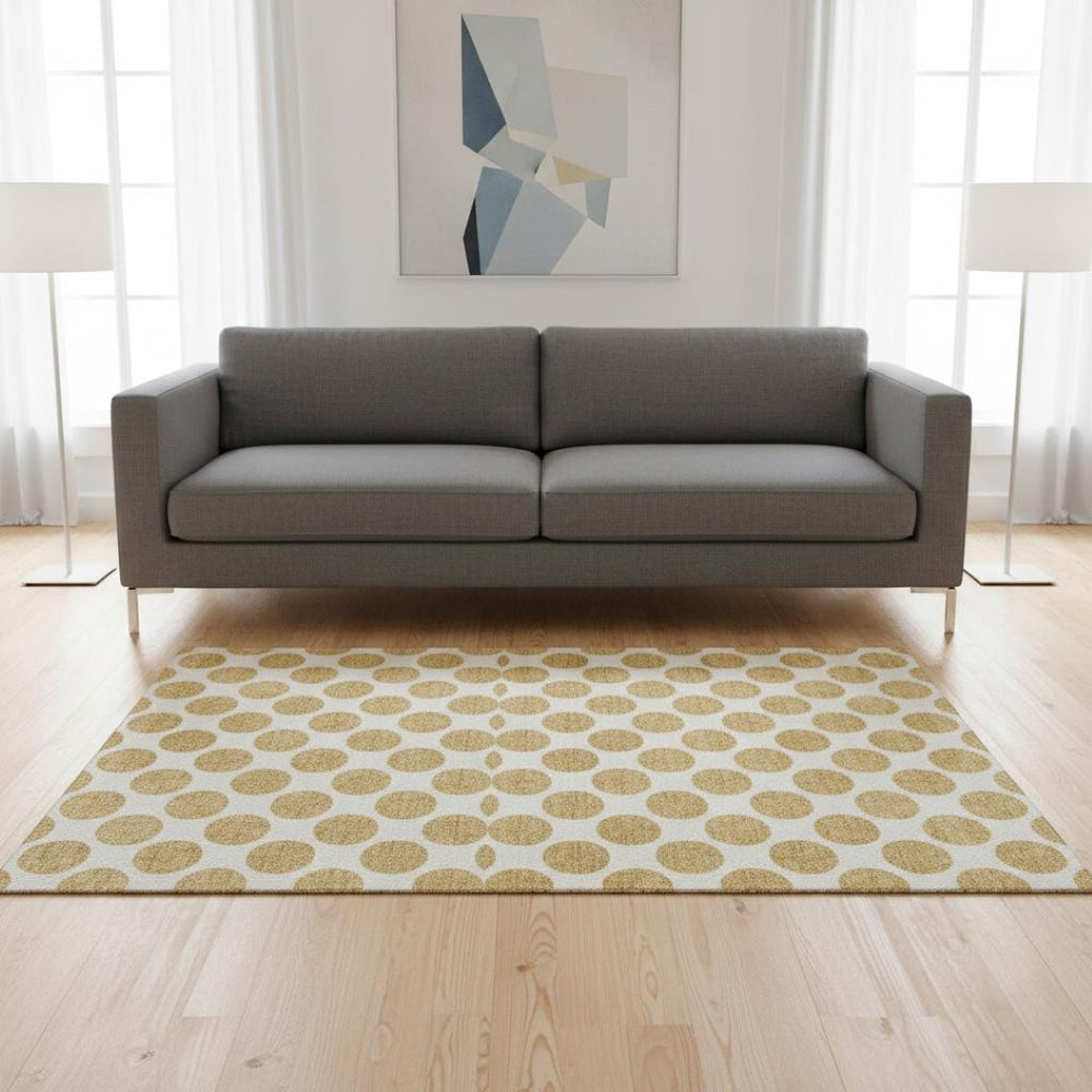 HomeRoots 5' X 8' Gold and Ivory Polka Dot Area Rug - Washable, UV Protected, Stain Resistant for Any Space 677389