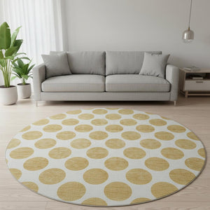 HomeRoots 8' Gold and Ivory Polka Dot Washable Round Rug - Durable, UV-Protected, Easy-Care Floor Covering! 677390