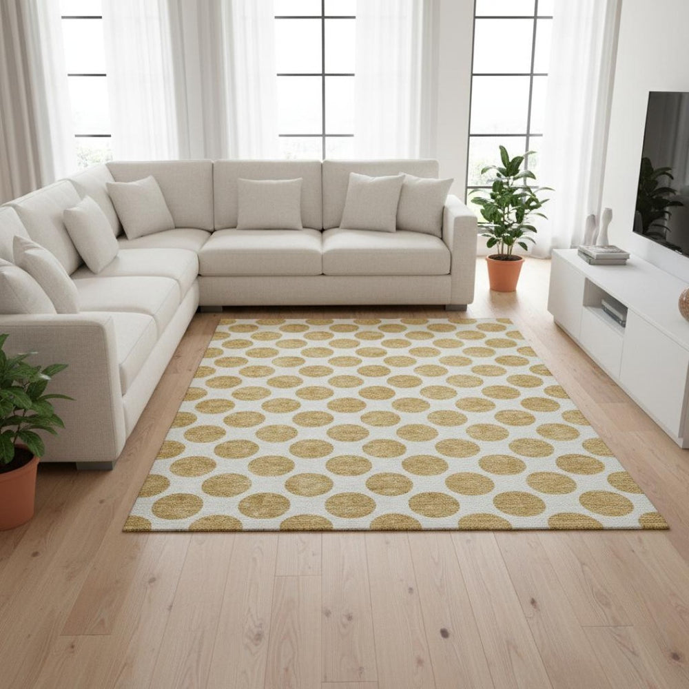 HomeRoots 9' X 12' Gold and Ivory Polka Dot Washable Area Rug with UV Protection for Family Rooms & Nurseries 677392