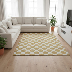 HomeRoots 9' X 12' Gold and Ivory Polka Dot Washable Area Rug with UV Protection for Family Rooms & Nurseries 677392