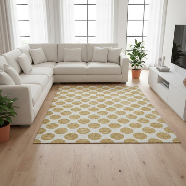 HomeRoots 9' X 12' Gold and Ivory Polka Dot Washable Area Rug with UV Protection for Family Rooms & Nurseries 677392