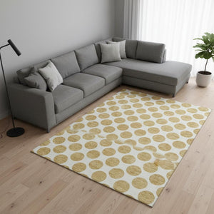 HomeRoots 10' X 14' Gold and Ivory Polka Dot Area Rug - Washable, Durable, UV Protected for Modern Spaces 677393