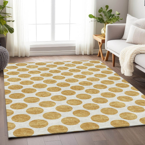 HomeRoots 10' X 14' Gold and Ivory Polka Dot Area Rug - Washable, Durable, UV Protected for Modern Spaces 677393