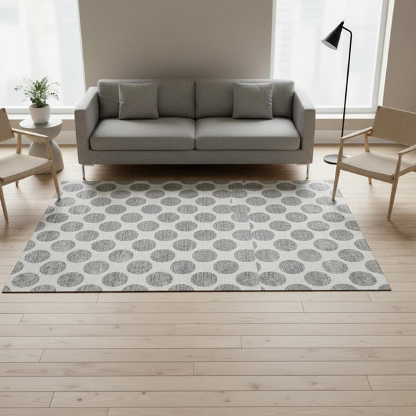 HomeRoots 5' X 8' Gray and Ivory Polka Dot Washable Area Rug - Soft, Durable, UV-Protected for Homes & Patios 677395