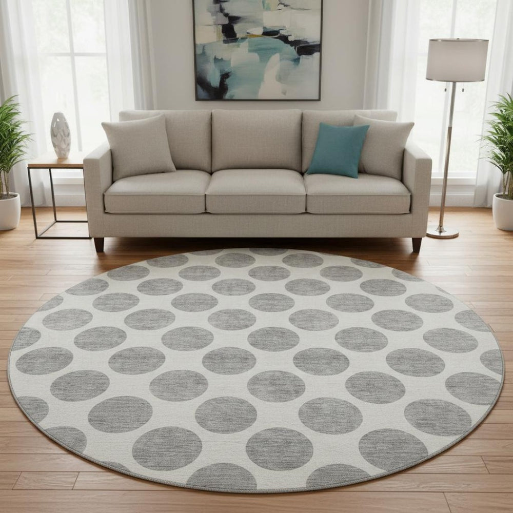 HomeRoots 8' Gray and Ivory Polka Dot Washable Round Rug – Durable, Stylish, UV-Protected for High-Traffic Areas 677396
