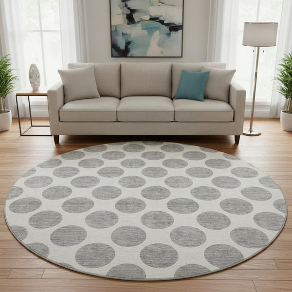 HomeRoots 8' Gray and Ivory Polka Dot Washable Round Rug – Durable, Stylish, UV-Protected for High-Traffic Areas 677396