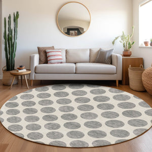 HomeRoots 8' Gray and Ivory Polka Dot Washable Round Rug – Durable, Stylish, UV-Protected for High-Traffic Areas 677396