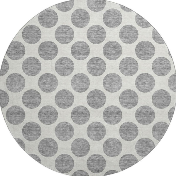 HomeRoots 8' Gray and Ivory Polka Dot Washable Round Rug – Durable, Stylish, UV-Protected for High-Traffic Areas 677396