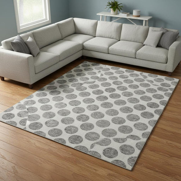 HomeRoots 9' X 12' Playful Gray and Ivory Polka Dot Area Rug - Washable, UV Protected, Durable, Soft Comfort 677398