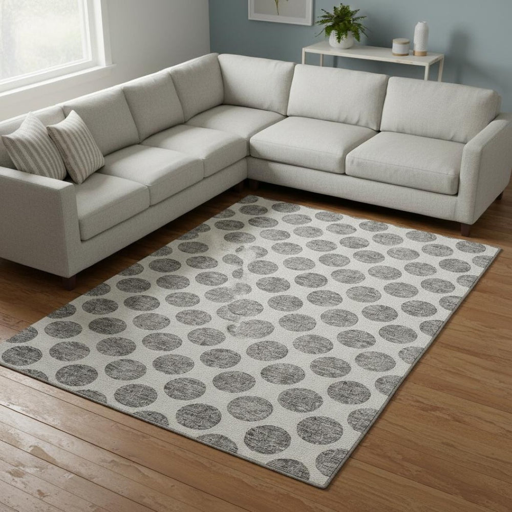 HomeRoots 10' X 14' Gray and Ivory Polka Dot Washable Area Rug - Stylish, Durable, and UV-Protected for Any Space 677399