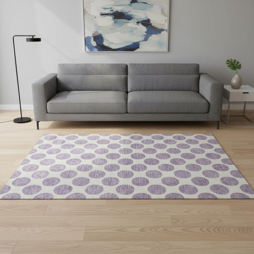 HomeRoots 5' X 8' Lavender and Ivory Polka Dot Washable Area Rug – UV Protected, Soft, and Stylish for Homes! 677407