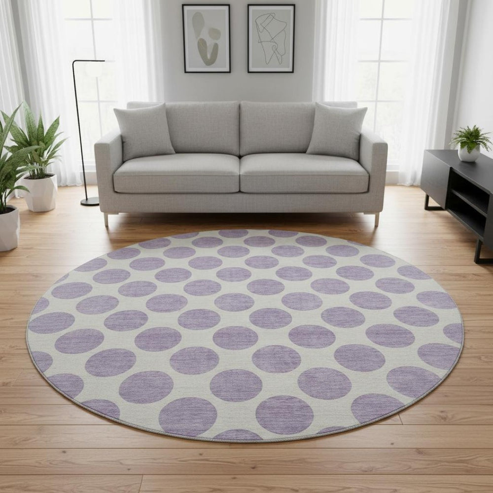 HomeRoots 8' Lavender Polka Dot Round Rug - Washable, UV Protected, Stain Resistant for Stylish, Active Homes 677408