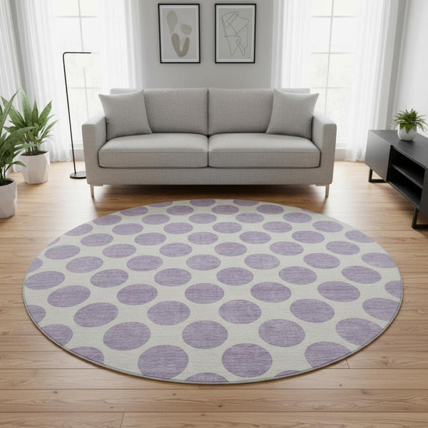 HomeRoots 8' Lavender Polka Dot Round Rug - Washable, UV Protected, Stain Resistant for Stylish, Active Homes 677408