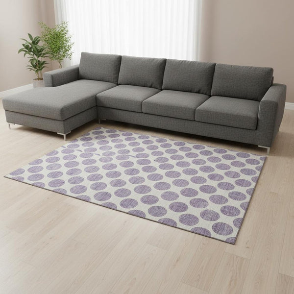 HomeRoots 8' X 10' Playful Lavender & Ivory Polka Dot Area Rug - Washable, UV Protected, Stain Resistant Design 677409