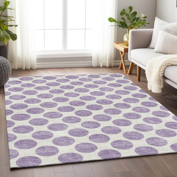 HomeRoots 8' X 10' Playful Lavender & Ivory Polka Dot Area Rug - Washable, UV Protected, Stain Resistant Design 677409