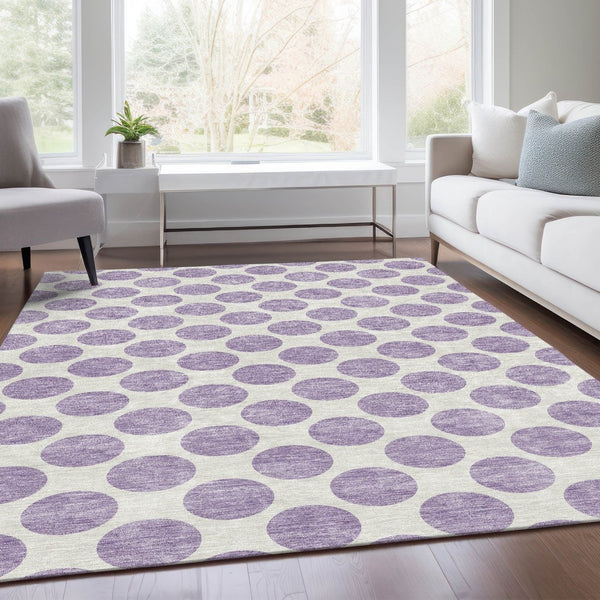 HomeRoots 8' X 10' Playful Lavender & Ivory Polka Dot Area Rug - Washable, UV Protected, Stain Resistant Design 677409