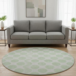 HomeRoots 8' Mint Green & Ivory Polka Dot Washable Round Rug – Durable, Stain-Resistant with UV Protection! 677414