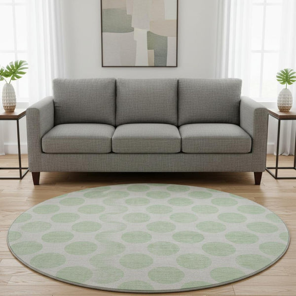 HomeRoots 8' Mint Green & Ivory Polka Dot Washable Round Rug – Durable, Stain-Resistant with UV Protection! 677414