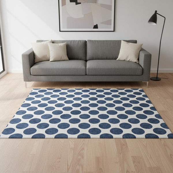 HomeRoots 5' X 8' Navy Blue & Ivory Polka Dot Area Rug - Washable, UV-Protected, Stain-Resistant & Kid-Friendly! 677419