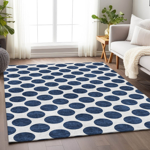 HomeRoots 5' X 8' Navy Blue & Ivory Polka Dot Area Rug - Washable, UV-Protected, Stain-Resistant & Kid-Friendly! 677419