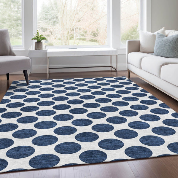 HomeRoots 5' X 8' Navy Blue & Ivory Polka Dot Area Rug - Washable, UV-Protected, Stain-Resistant & Kid-Friendly! 677419