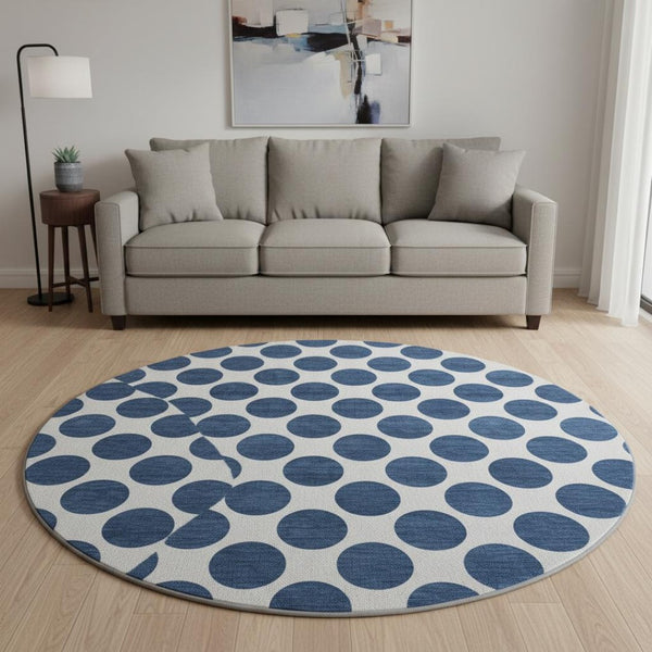 HomeRoots 8' Navy Blue & Ivory Polka Dot Round Rug - Washable, UV Protected, Durable, Kid & Pet Friendly Design 677420