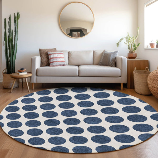 HomeRoots 8' Navy Blue & Ivory Polka Dot Round Rug - Washable, UV Protected, Durable, Kid & Pet Friendly Design 677420