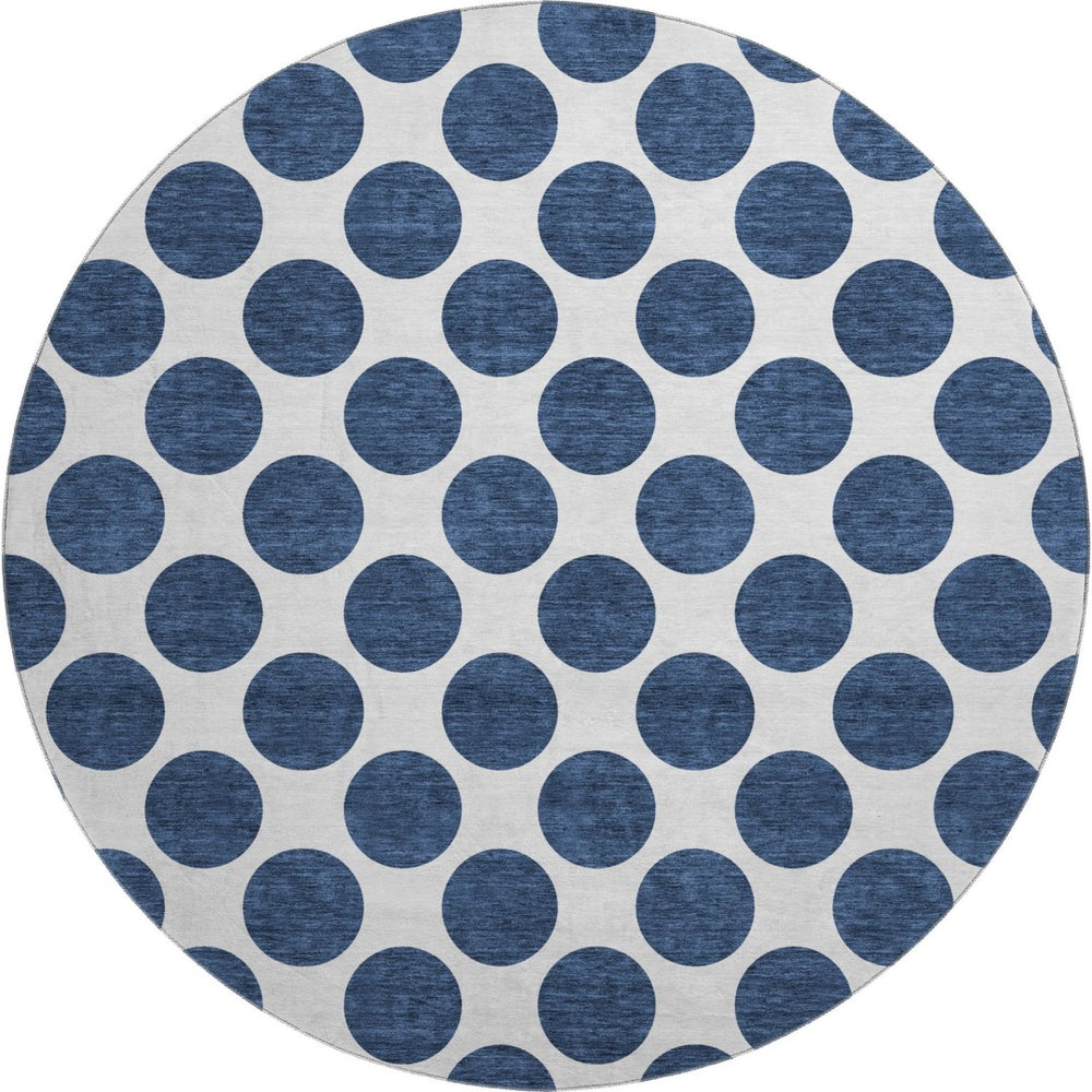 HomeRoots 8' Navy Blue & Ivory Polka Dot Round Rug - Washable, UV Protected, Durable, Kid & Pet Friendly Design 677420