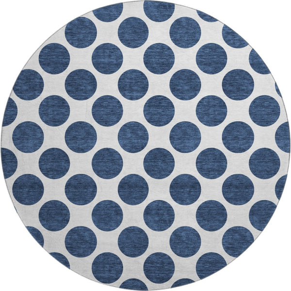 HomeRoots 8' Navy Blue & Ivory Polka Dot Round Rug - Washable, UV Protected, Durable, Kid & Pet Friendly Design 677420