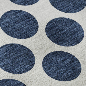 HomeRoots 8' Navy Blue & Ivory Polka Dot Round Rug - Washable, UV Protected, Durable, Kid & Pet Friendly Design 677420