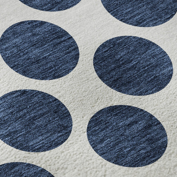 HomeRoots 8' Navy Blue & Ivory Polka Dot Round Rug - Washable, UV Protected, Durable, Kid & Pet Friendly Design 677420