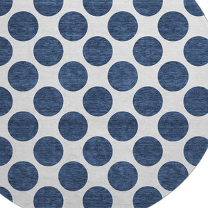 HomeRoots 8' Navy Blue & Ivory Polka Dot Round Rug - Washable, UV Protected, Durable, Kid & Pet Friendly Design 677420